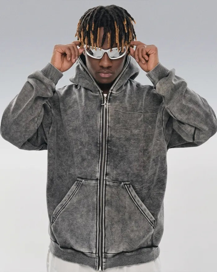 Acid washed zip up hoodie ’Saber’ - gray / S