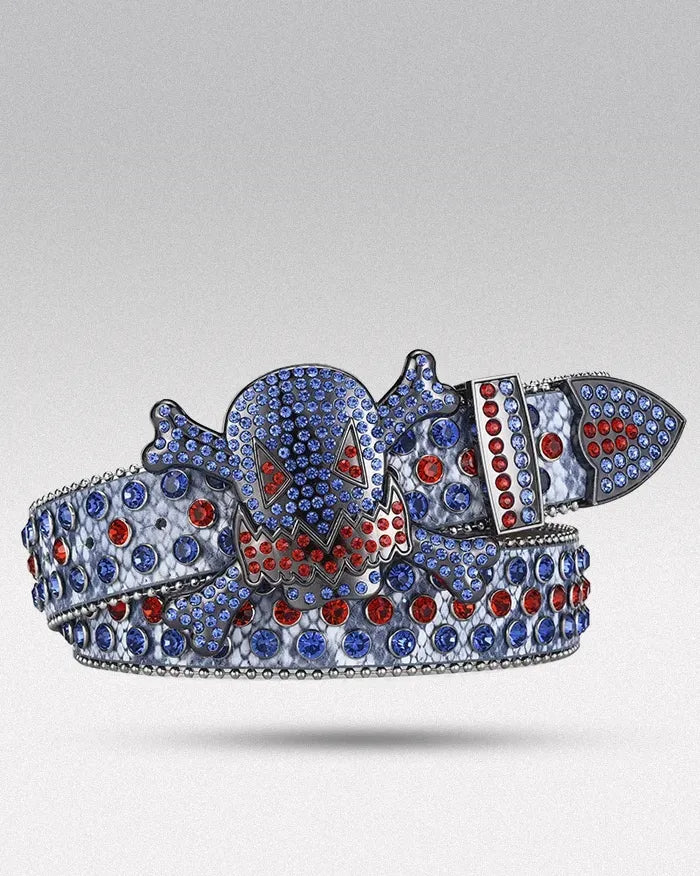 Belt buckle rhinestone ’Skull’ - Blue / Red / 105cm / 41inches