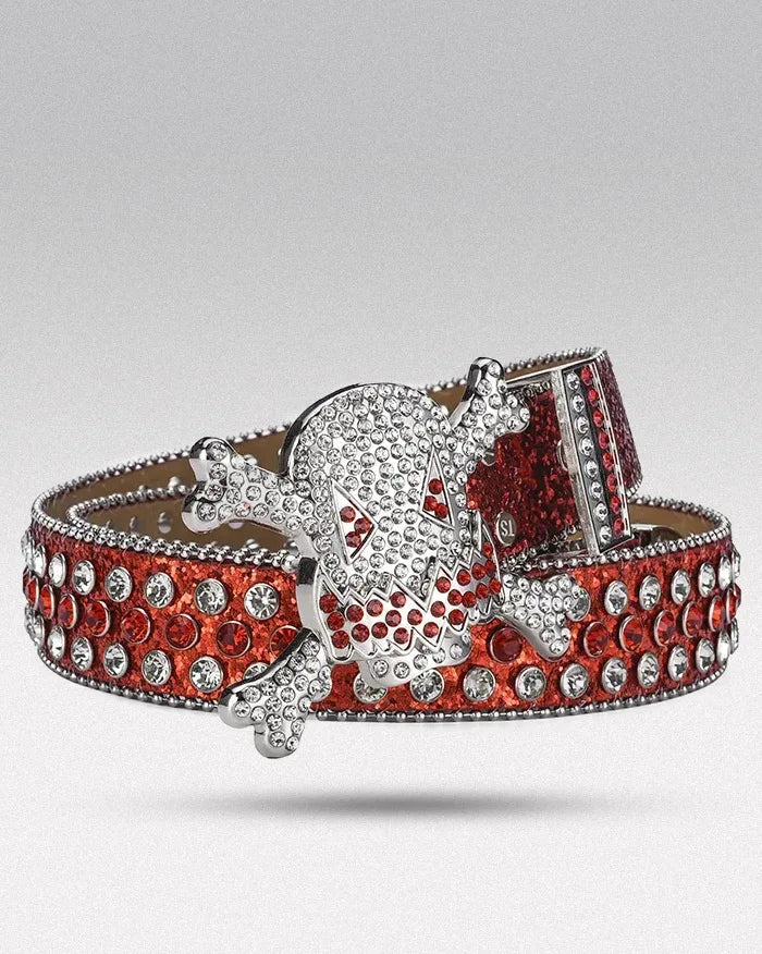 Belt buckle rhinestone ’Skull’ - Red / Silver / 105cm / 41inches
