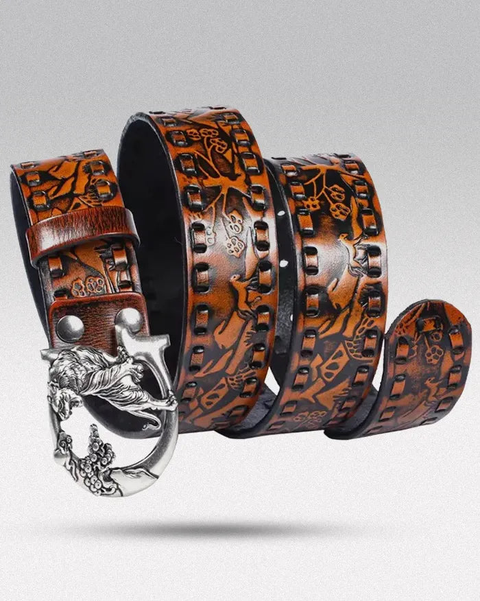 Embossed leather belt ’Tyga’ - Camel / 100cm / 39inches