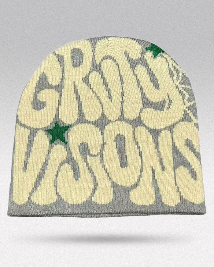 Graphic Beanie Y2K ’Kraken’ - Grey Beige