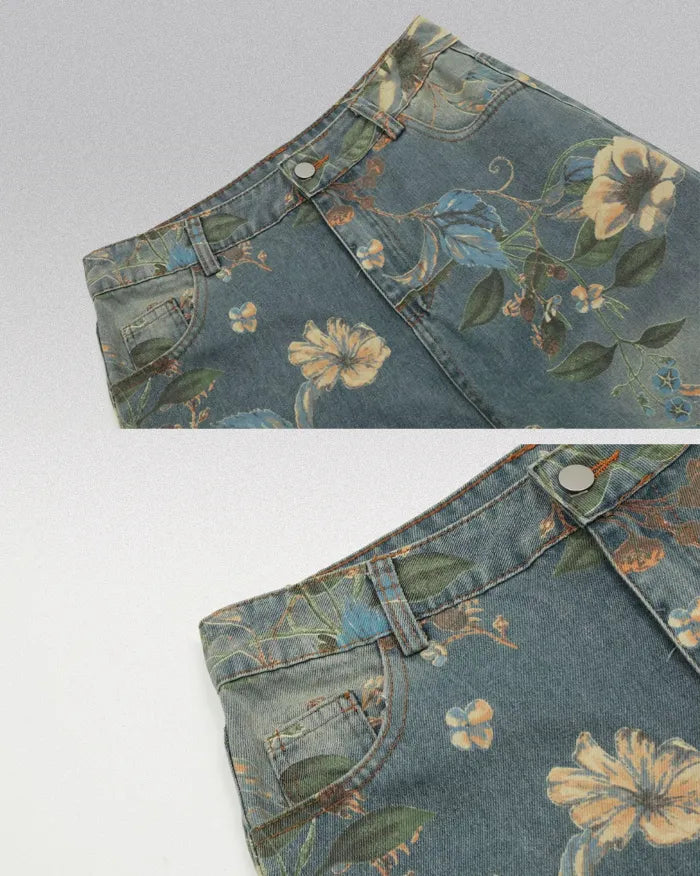 Printed floral jeans ’Azure’