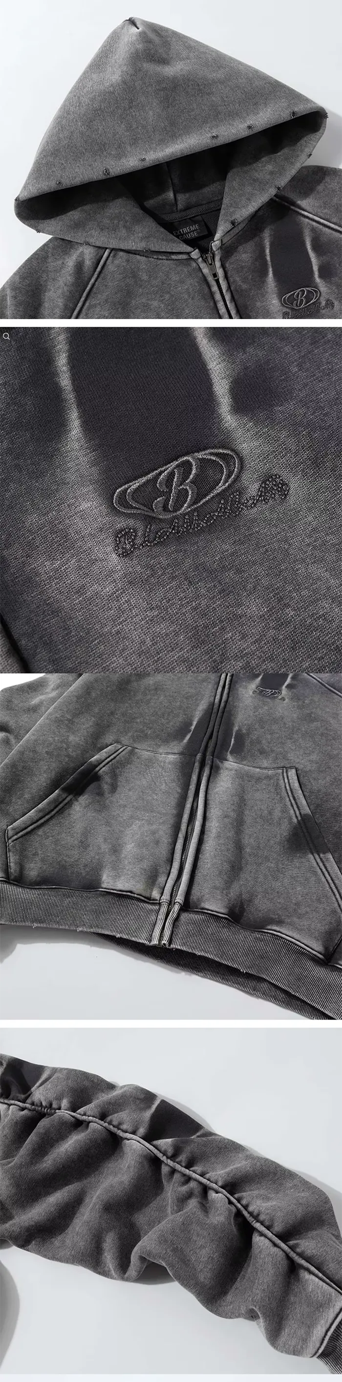 details of the Acid wash zip up hoodie "Onyx"