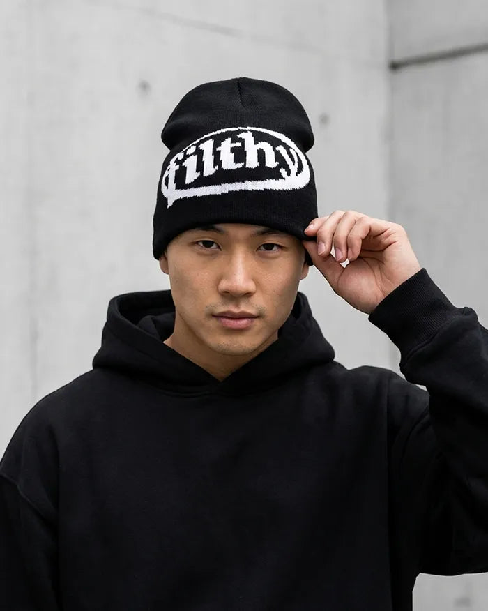 asian man wearing the Beanie Hat Y2K  "Filthy"