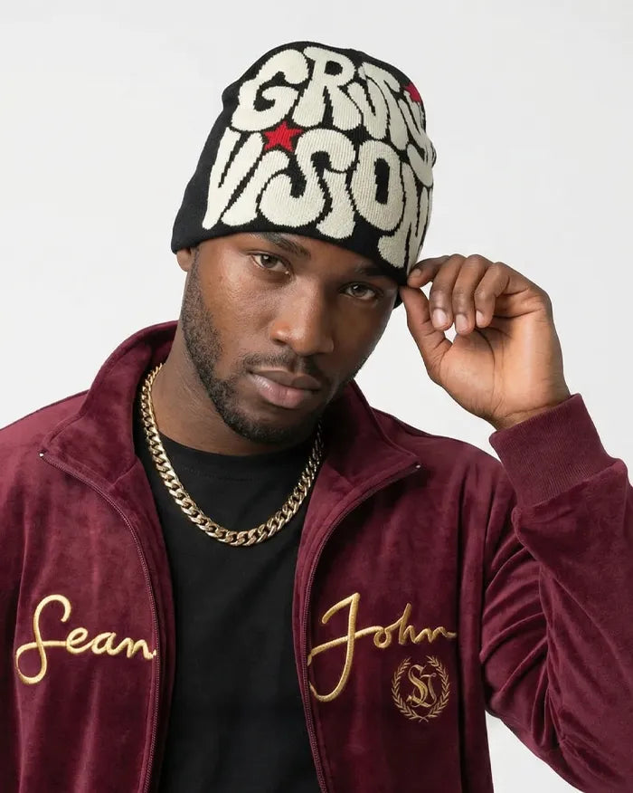 man wearing the Graphic Beanie Y2K "Kraken"