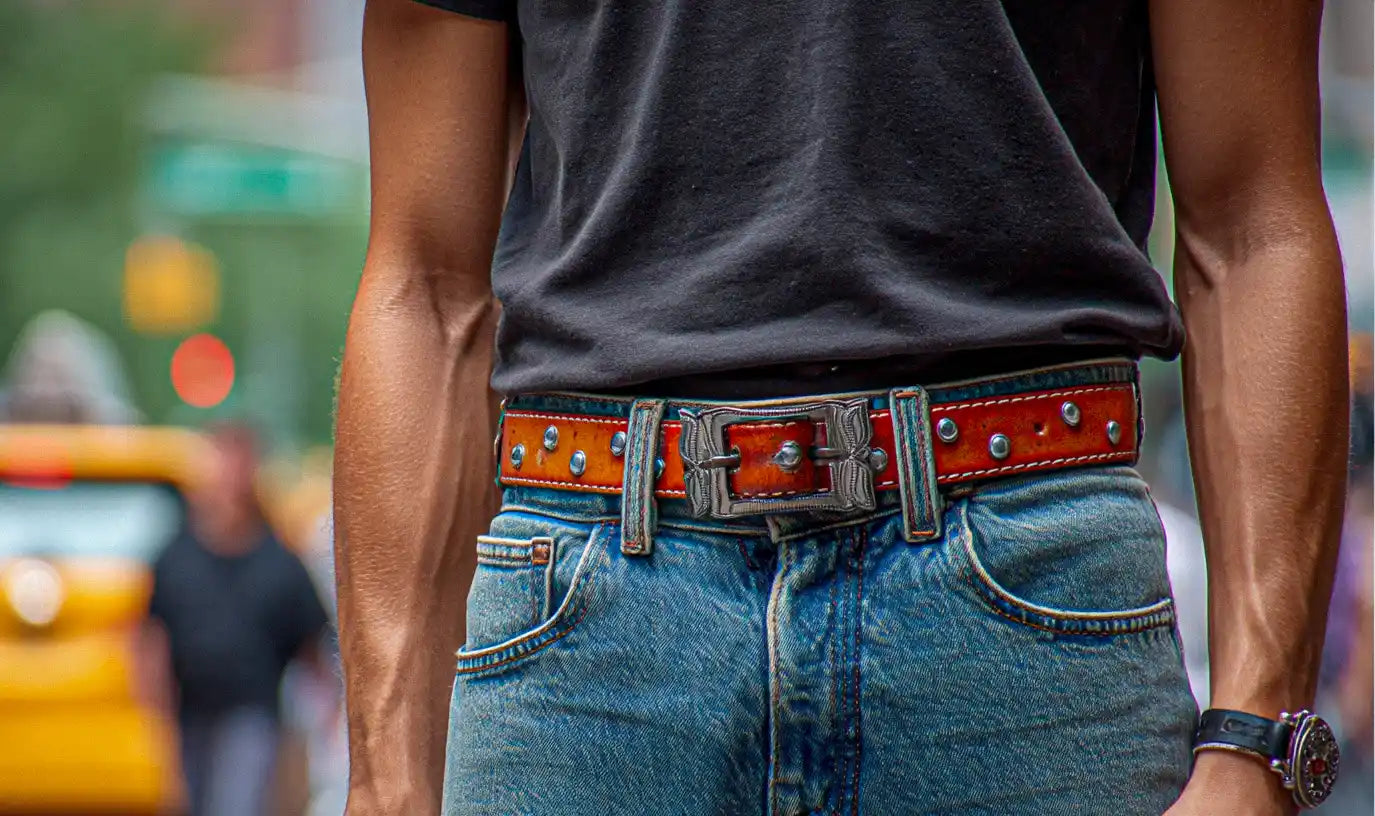 A close-up of a man in a black t-shirt and blue jeans, showing a brown leather studded belt.