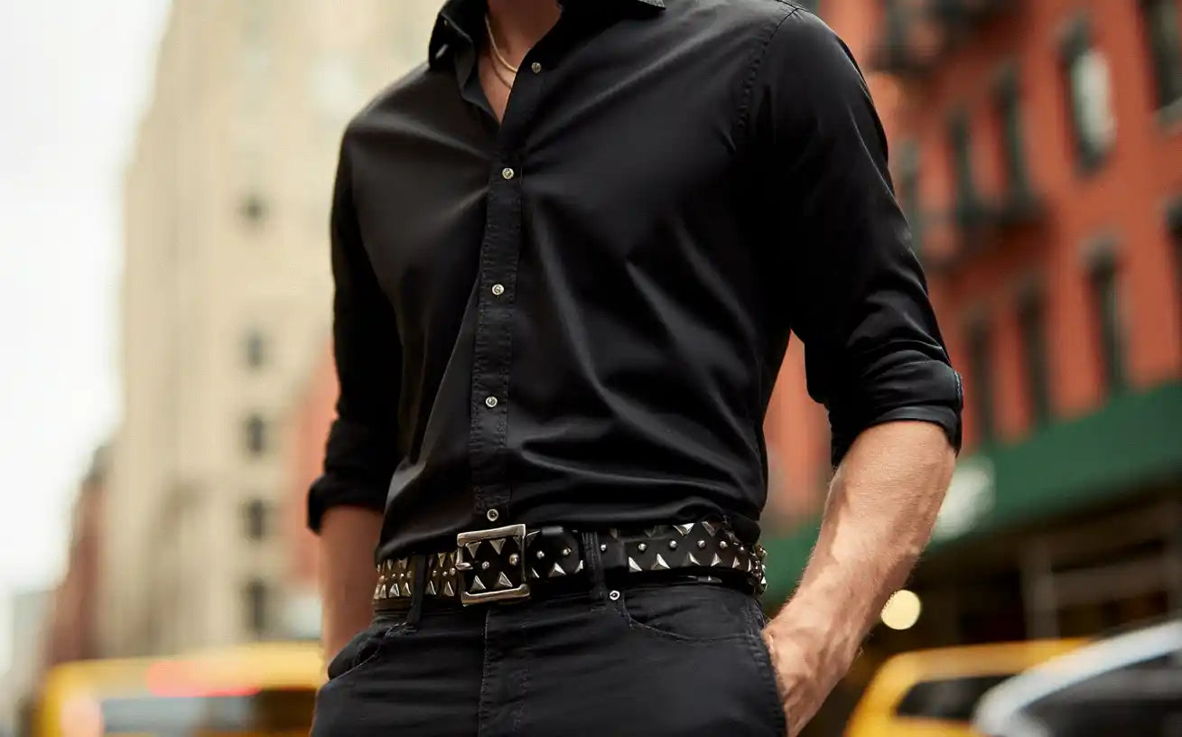A man in a black collared shirt and black pants features a black studded belt with pyramid studs.