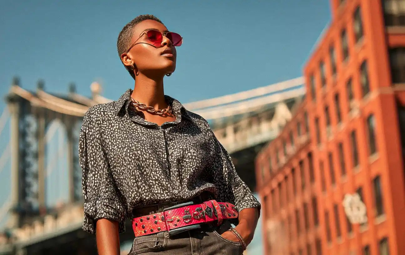 A woman in a patterned shirt and dark pants stands outdoors, wearing a bold red studded belt.