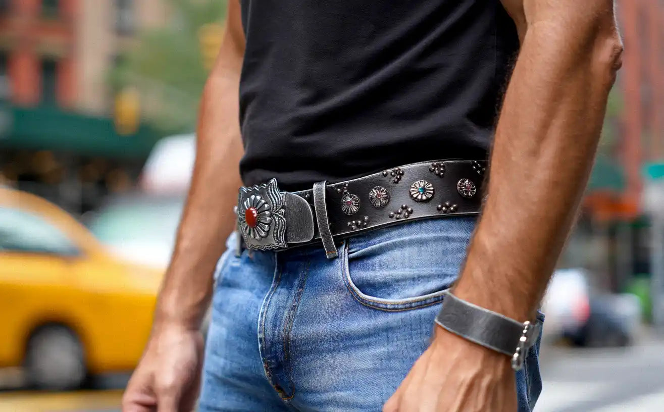 A man in a black tank top and jeans showcases a black studded belt with decorative conchos.