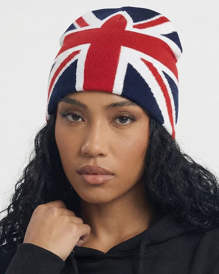 woman wearing the UK Flag beanie