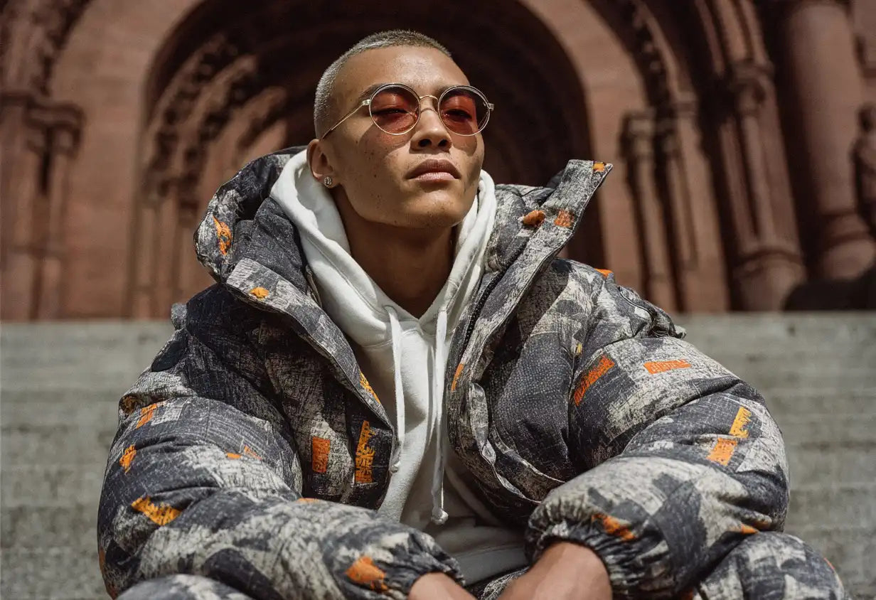 A young man in a puffer jacket featuring graphic prints, paired with sunglasses, capturing the iconic coolness of Y2K style.