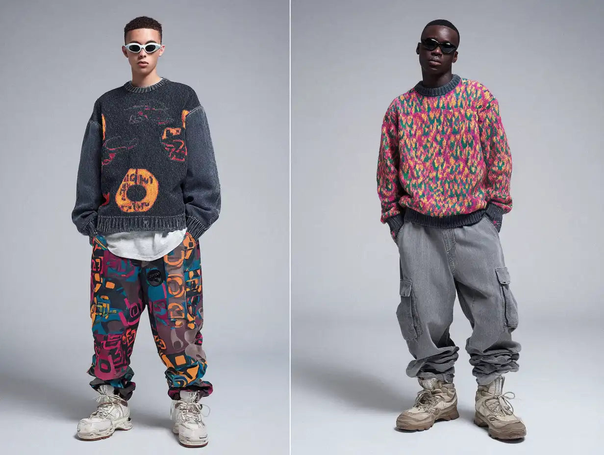 Two young men in oversized, vibrantly colored sweaters and patterned cargo pants, reflecting iconic, laid-back Y2K fashion.
