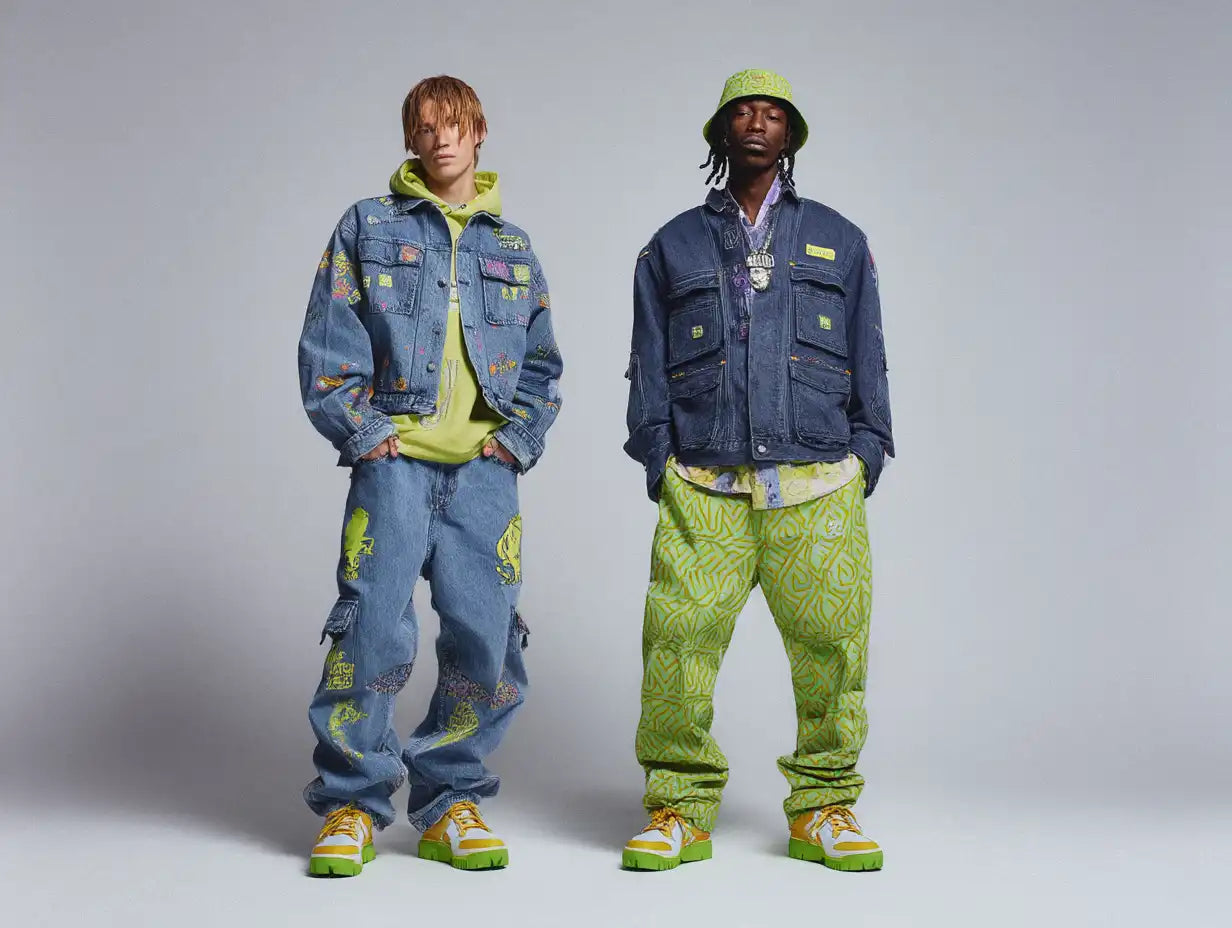 Two men styled in brightly patterned jeans and denim jackets paired with chunky sneakers, capturing the playful and daring spirit of Y2K style.