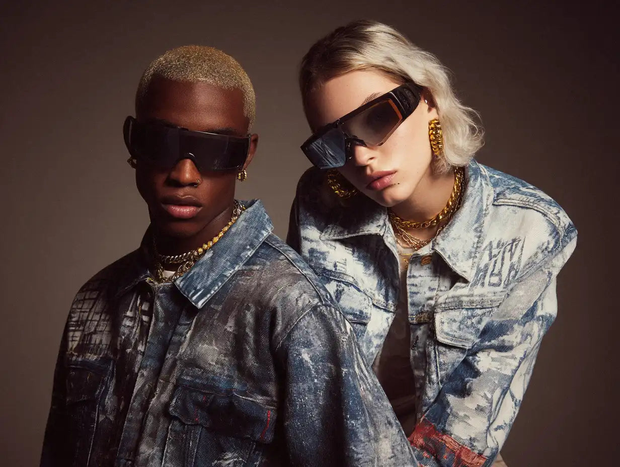 A duo wearing statement denim jackets and large sunglasses, highlighting the bold, oversized silhouette characteristic of Y2K clothes.