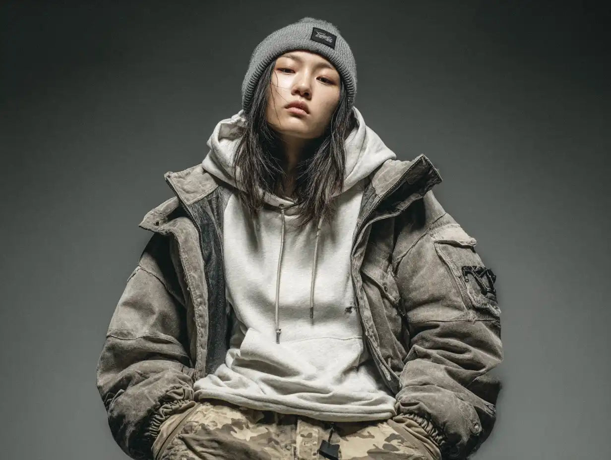 A young woman confidently styled in an oversized jacket, hoodie, and camouflage pants, exemplifying layered Y2K street style.