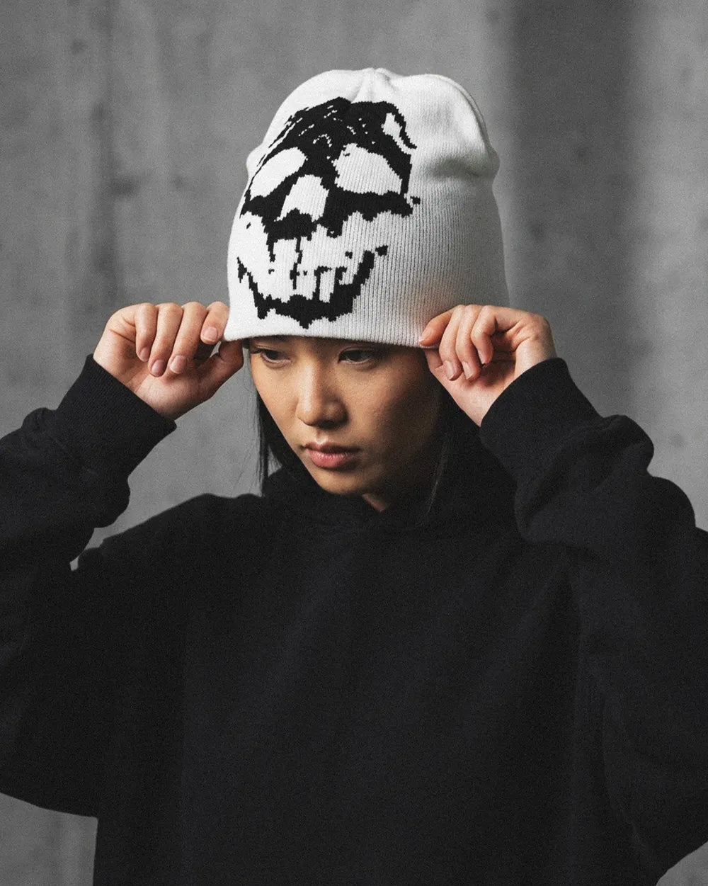 woman wearing the Y2K Skull Beanie