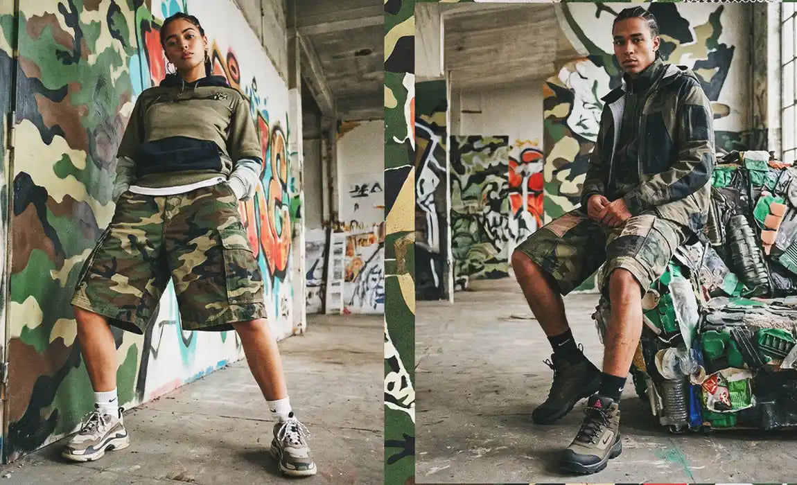 Two models in an abandoned warehouse wearing camo jorts styled with layered streetwear tops, set against graffiti-covered walls with a bold camo pattern border overlay