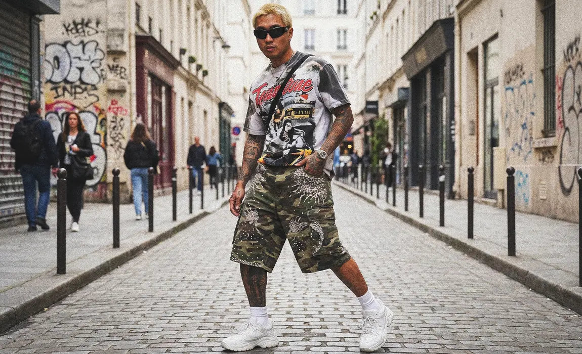 Tattooed model posing in a narrow Parisian street wearing rhinestone-studded camo jorts paired with a vintage graphic tee, dark sunglasses, and white sneakers