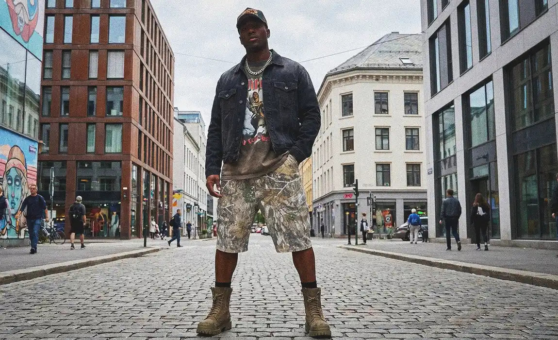Full-body street shot of a model standing on cobblestone wearing realtree-print jorts with a dark denim jacket, chain necklace, and tan lace-up boots