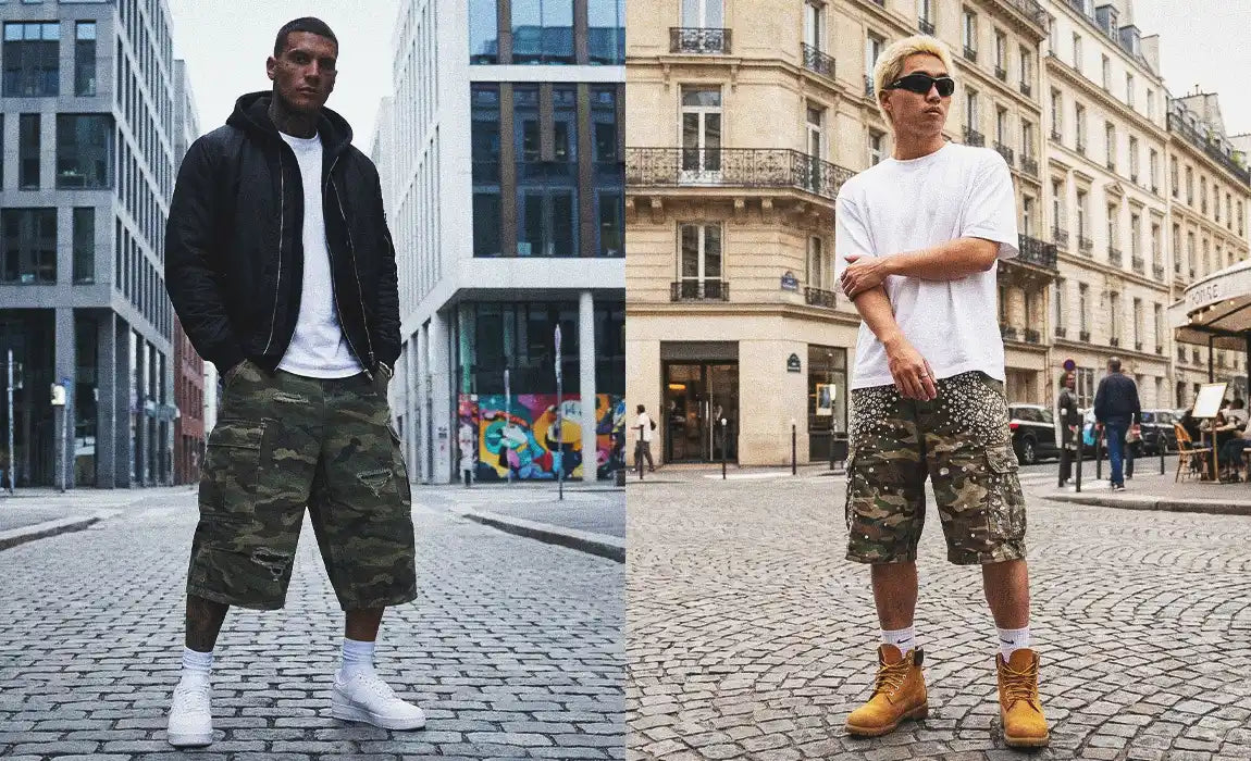 Two street style looks featuring camo jorts on a cobblestone city backdrop, one styled with a black zip hoodie and white forces, the other with an oversized white tee and wheat boots