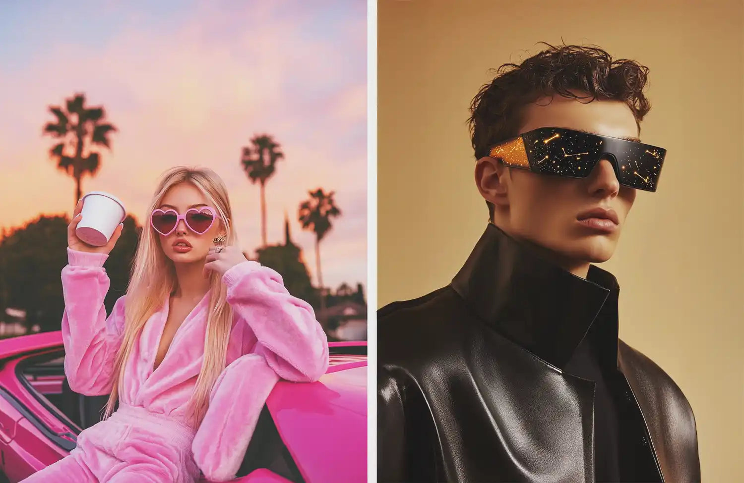 a girl looking like barbie in y2k style and a man in cyber y2k