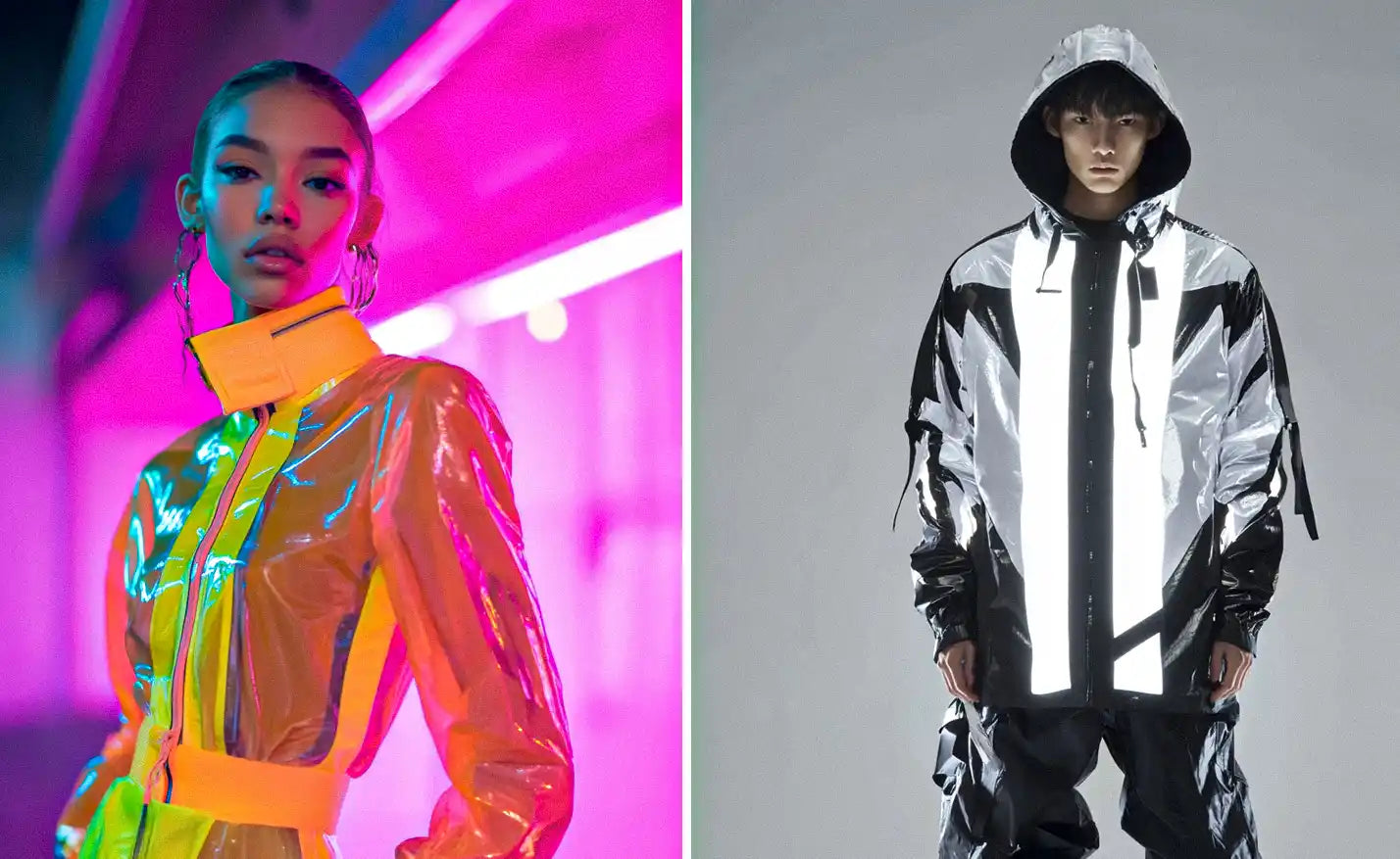 a woman in cyberpunk y2k and a man in cyber y2k outfit