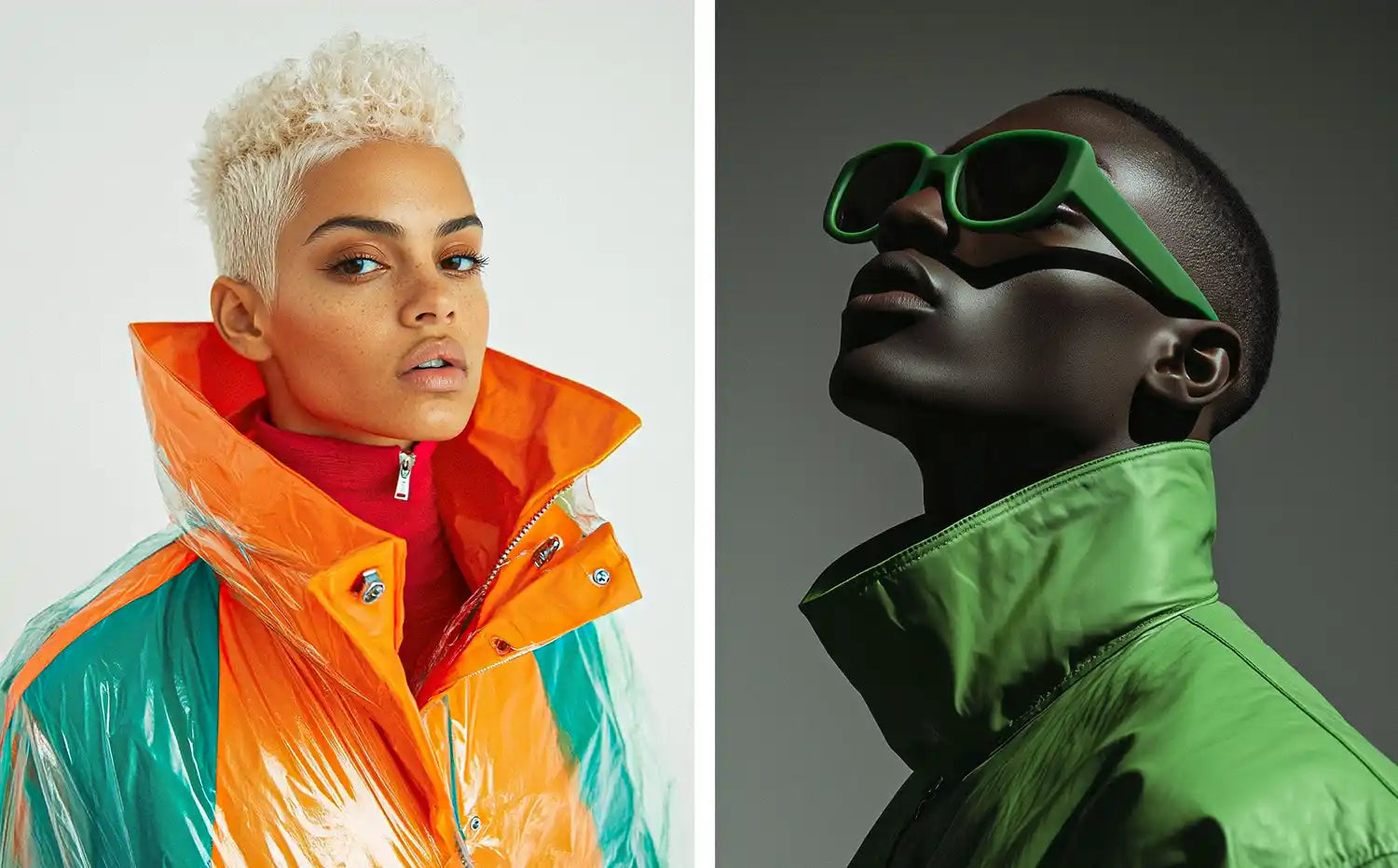 Two fashion portraits showcasing vibrant jackets and futuristic sunglasses in a striking cyber Y2K style
