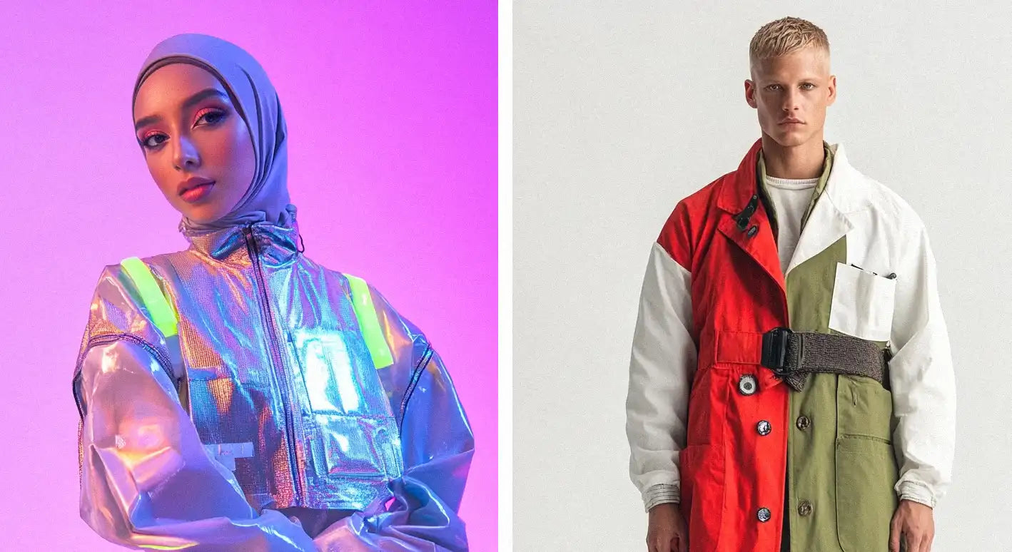 Two stylish portraits featuring metallic reflective jackets and colorful oversized coats, perfectly capturing the cyber Y2K aesthetic.