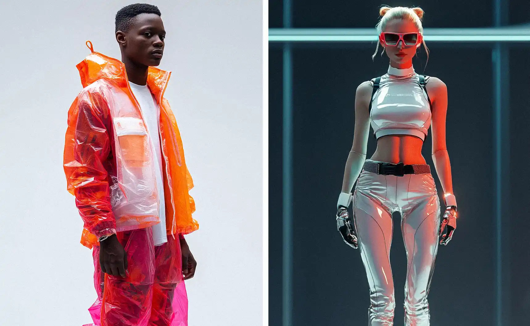 Two dynamic fashion portraits featuring glossy neon jackets and futuristic outfits, embodying the bold cyber Y2K style.