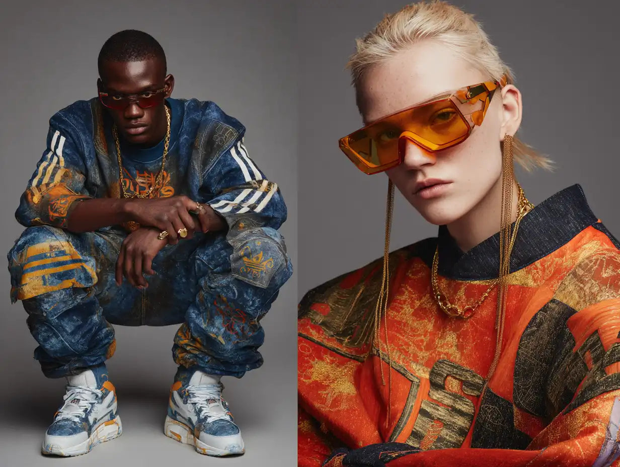 Two models wearing bold, futuristic Y2K-inspired outfits—one in a distressed denim tracksuit with gold chains and retro sneakers, the other in a red and gold patterned top with oversized orange visor sunglasses and statement earrings.