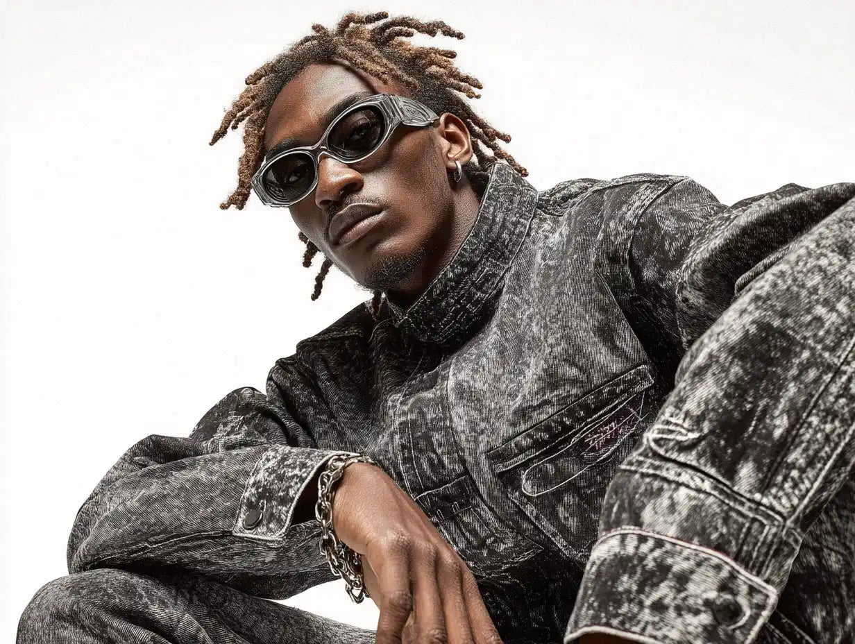 Close-up of a model in a washed black denim outfit with oval sunglasses and a silver chain bracelet, striking a confident pose.