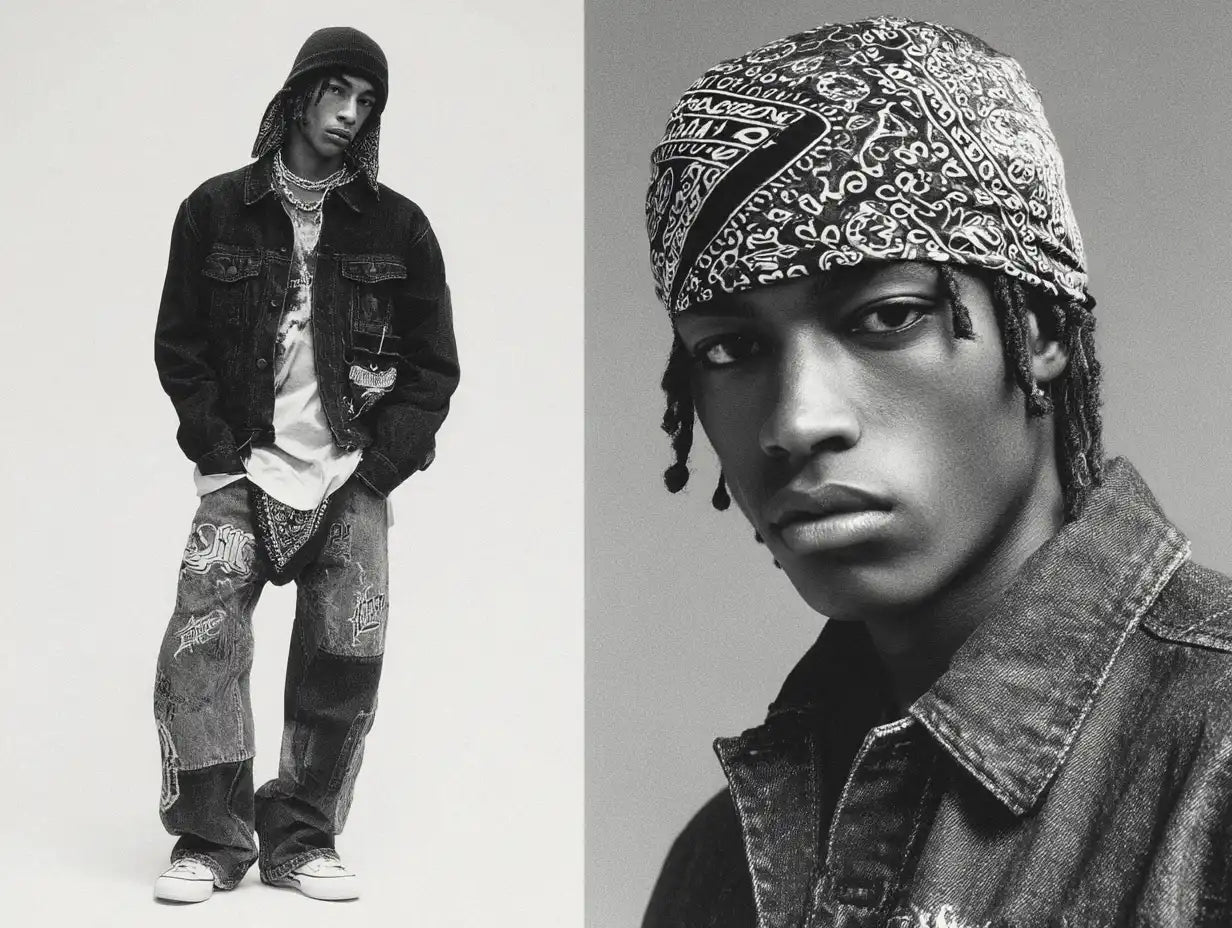 Model in distressed denim with layered chains and a paisley bandana, captured in both full-body and close-up black-and-white portraits.