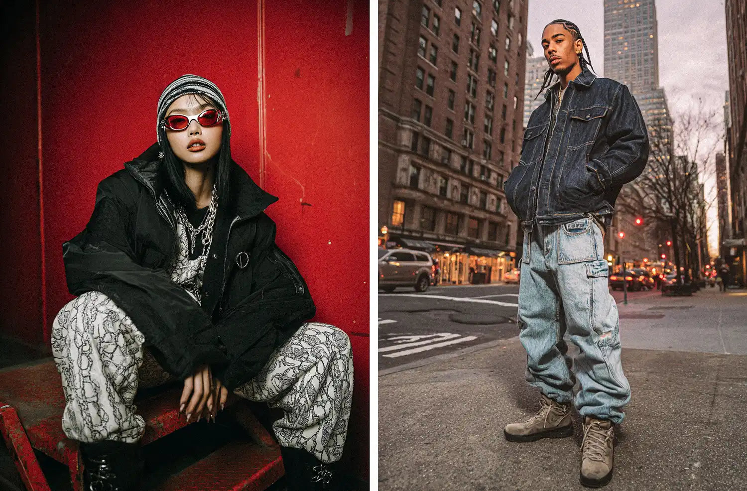 An edgy take on Y2K fashion, with a person in a beanie, red sunglasses, and an oversized black puffer over patterned pants, alongside a classic street-style Y2K outfit featuring a denim jacket and light-wash baggy jeans.