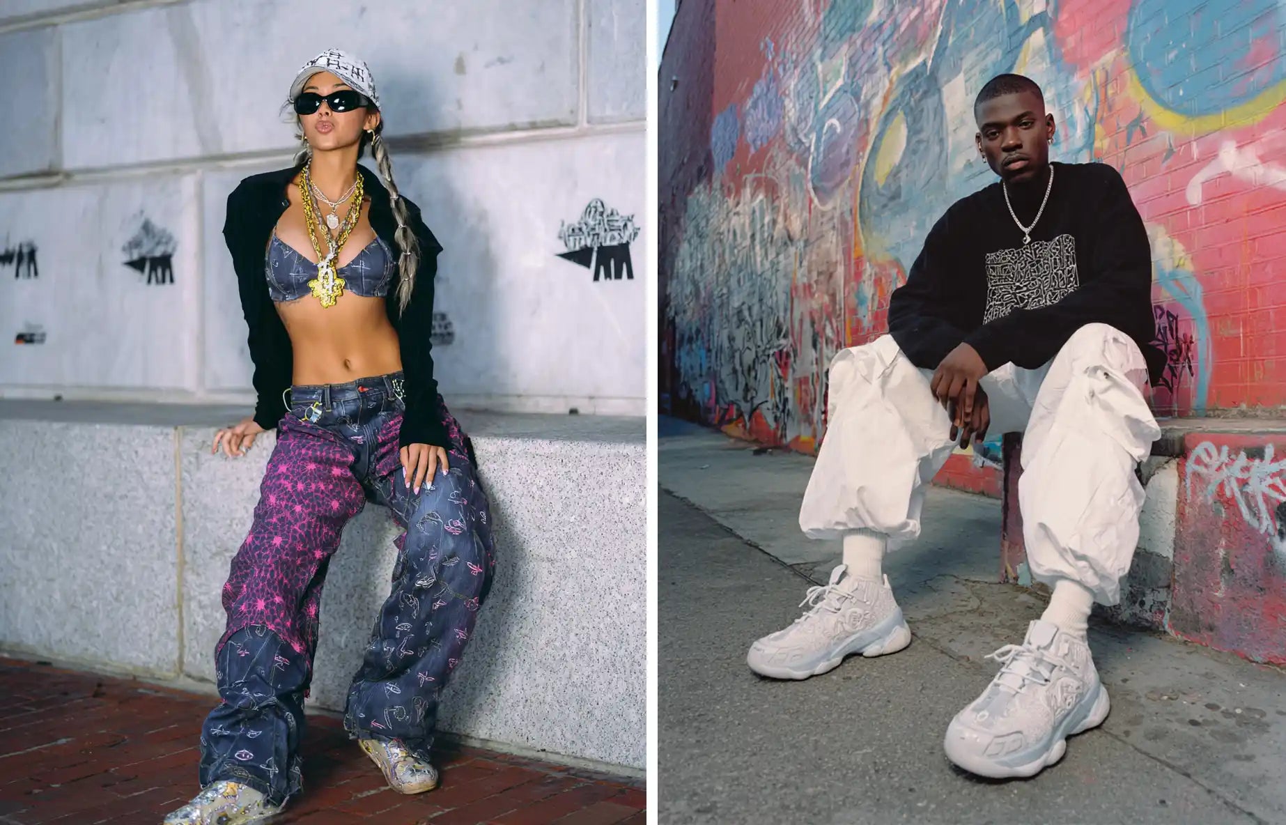 An iconic Y2K fashion statement: a woman in a low-rise, patchwork denim Y2K outfit paired with a bra top and layered jewelry, alongside a man embodying the relaxed Y2K aesthetic in an oversized sweatshirt and white cargos.