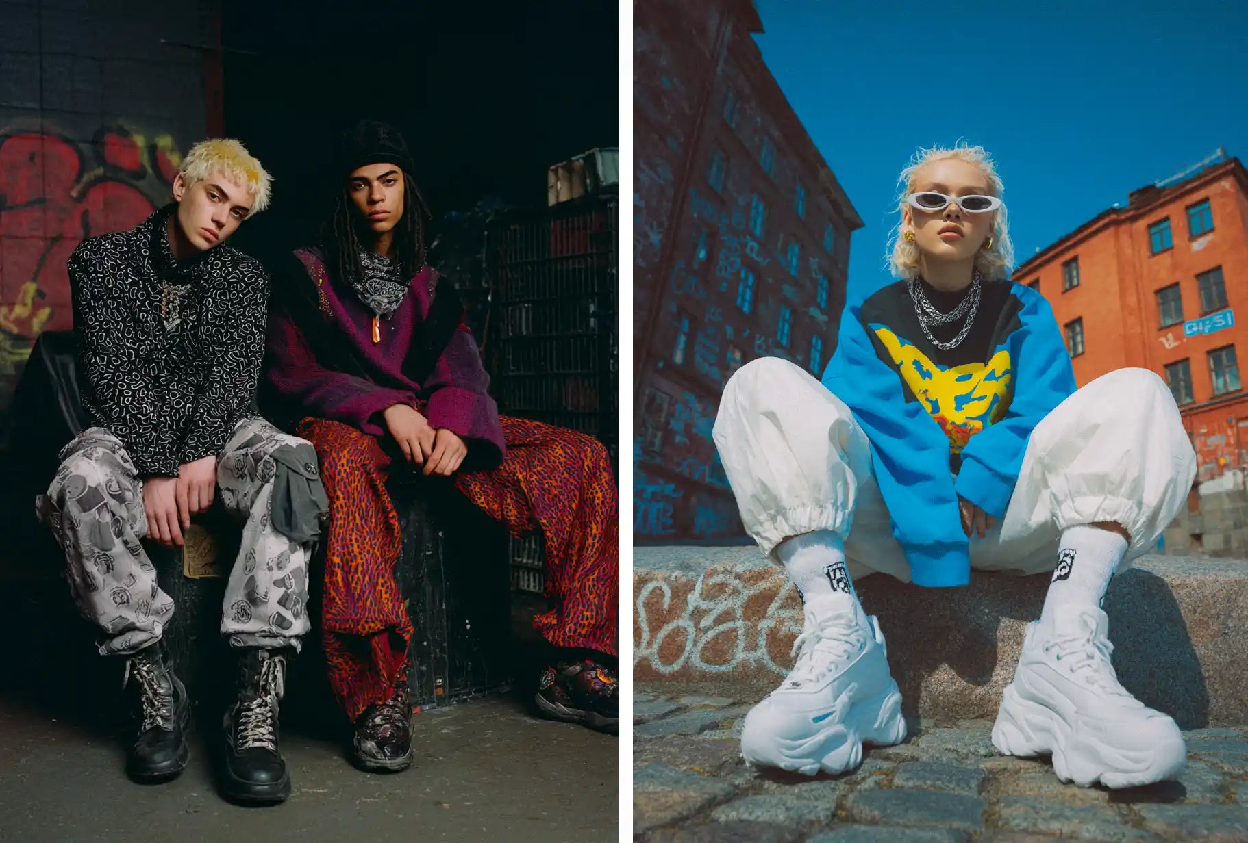 Bold Y2K fashion choices are evident, with one duo in graphic prints and heavy boots, and another in a vibrant Y2K outfit featuring a bright blue top and oversized white cargo pants.