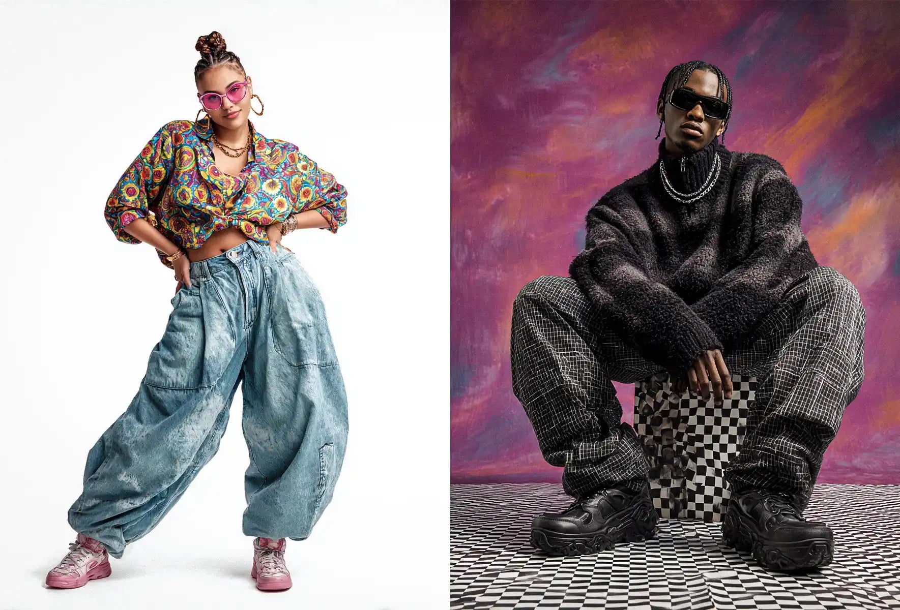 A vibrant Y2K fashion statement with a woman in a colorful patterned top and exaggerated baggy jeans, contrasted by a man's dark, textured Y2K outfit with chunky platform shoes on a checkered floor.