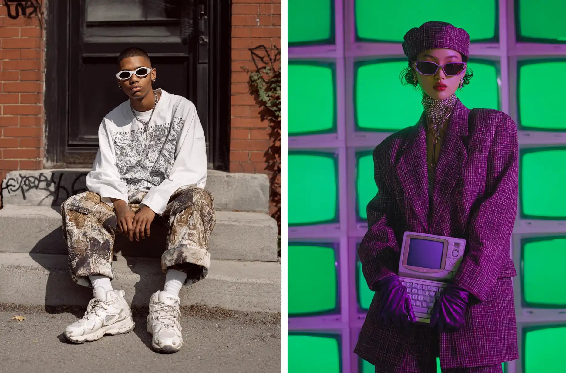A nod to the Y2K aesthetic: a man in a graphic tee and camo pants with white sneakers, and a woman in a plaid suit with futuristic sunglasses and a vintage laptop, defining a quintessential Y2K outfit.