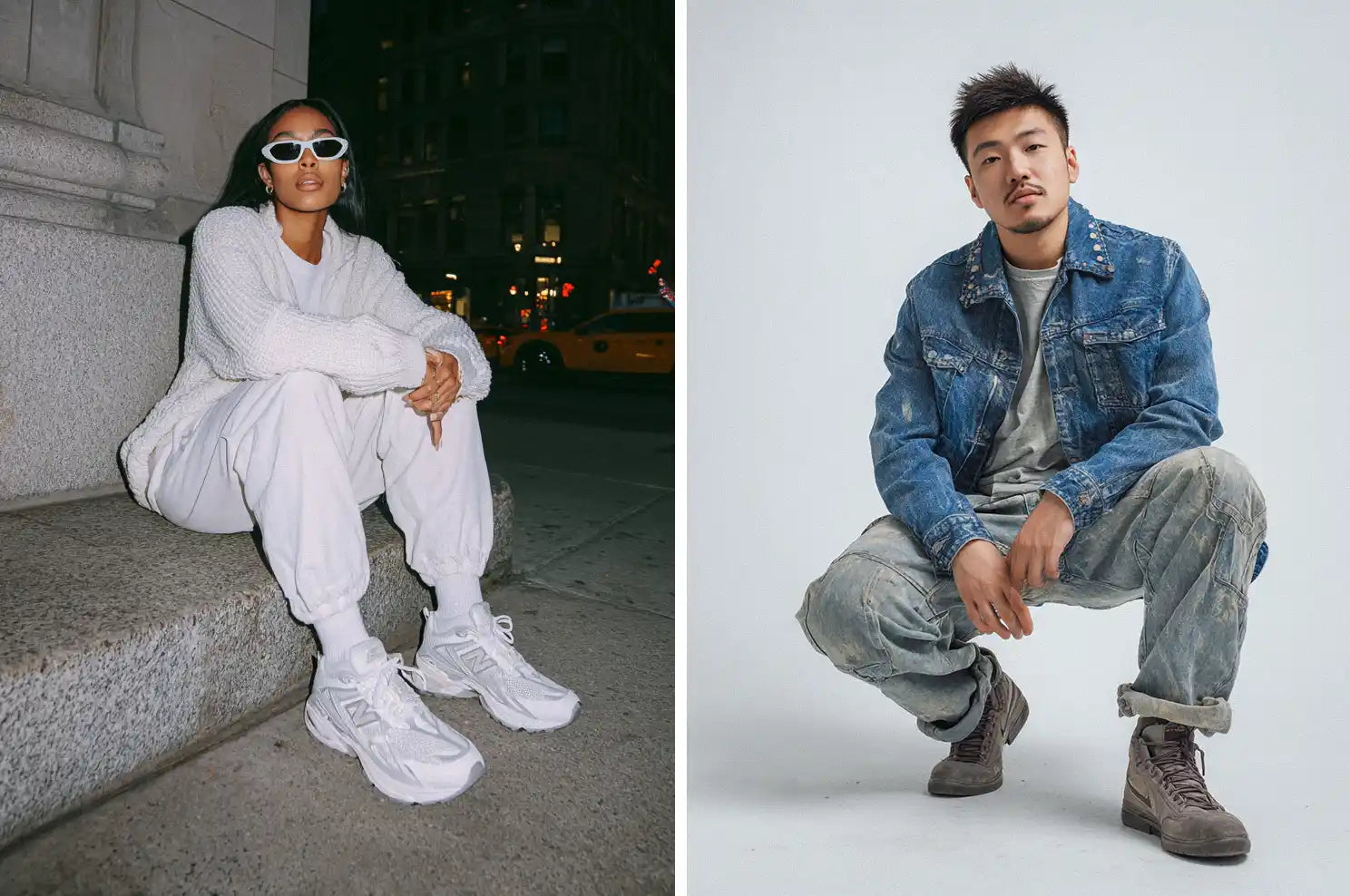 A minimalist take on Y2K fashion with a person in a comfortable all-white Y2K outfit and chunky sneakers, alongside a man sporting a distressed denim jacket, characteristic of the Y2K aesthetic.
