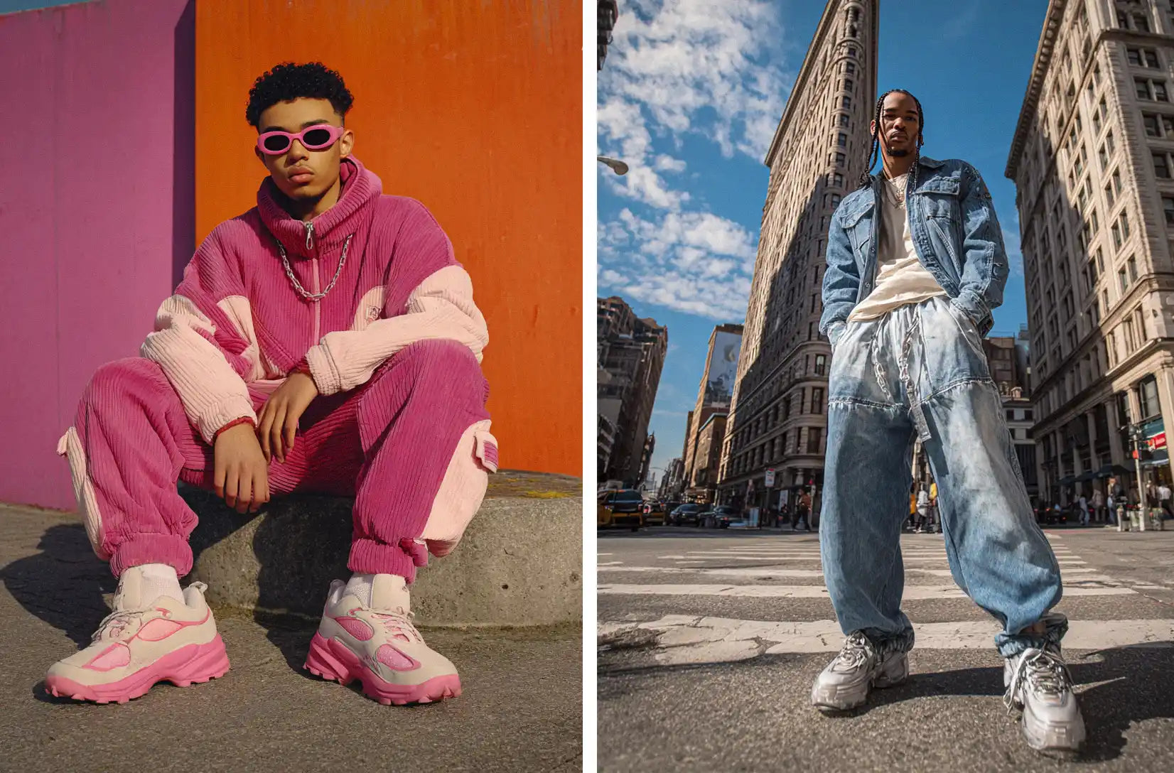 This Y2K fashion features a person in a vibrant pink and purple corduroy tracksuit, paired with chunky, iconic Y2K aesthetic sneakers.