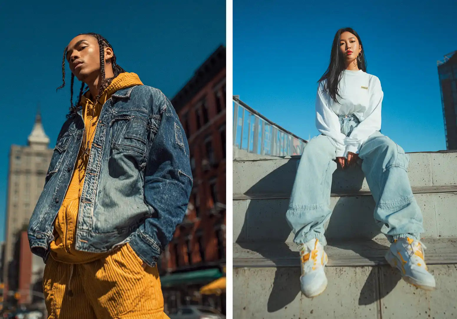The versatility of Y2K fashion is shown with a man in a double-denim Y2K outfit over a yellow hoodie, and a woman effortlessly pulling off the Y2K aesthetic in a white long-sleeve top and light-wash baggy jeans.