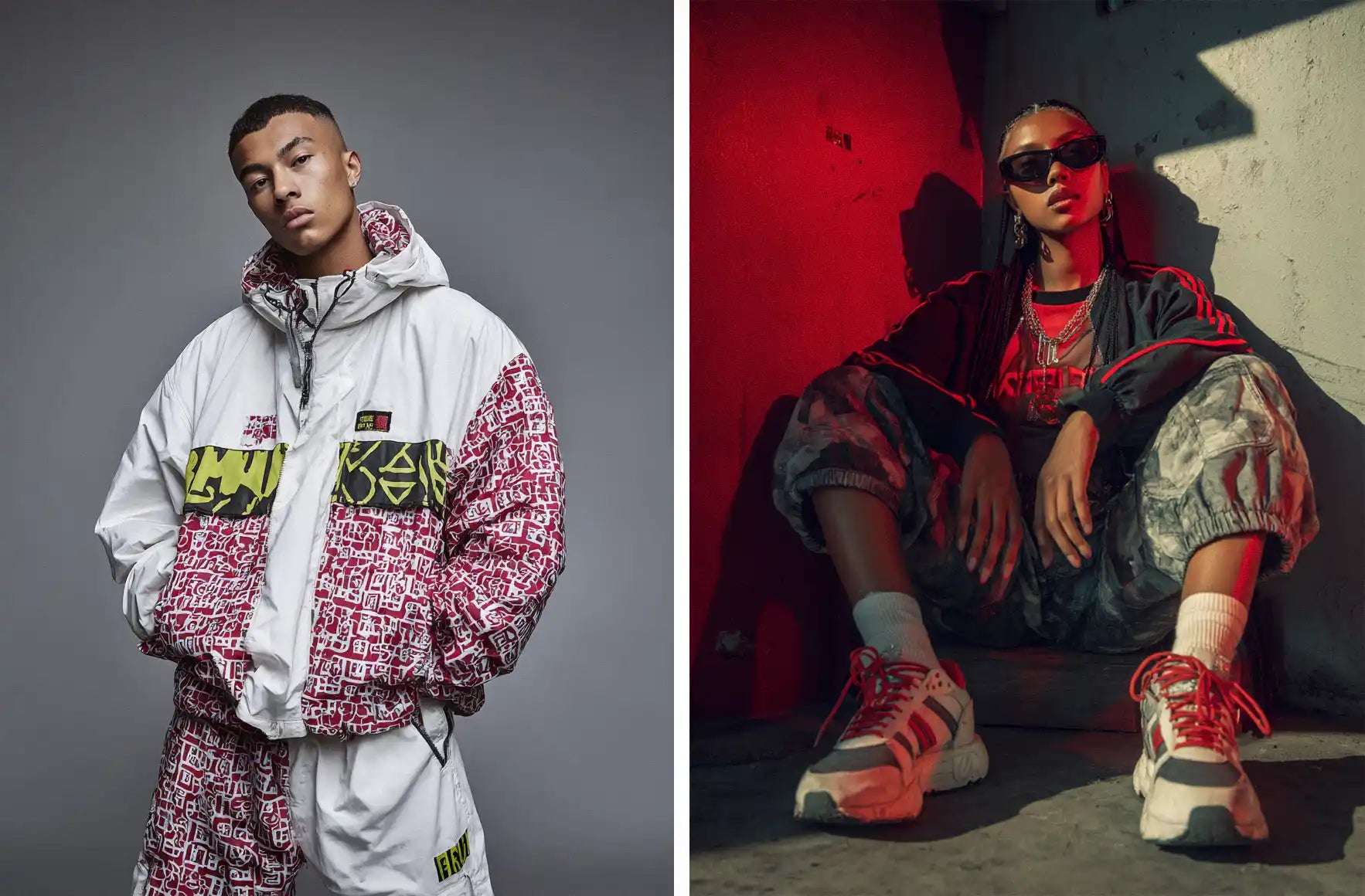 Sporty Y2K fashion is represented by a person in a graphic white and red puffer jacket and matching pants, while another person wears a military-inspired Y2K outfit with camouflage pants and a cropped jacket.
