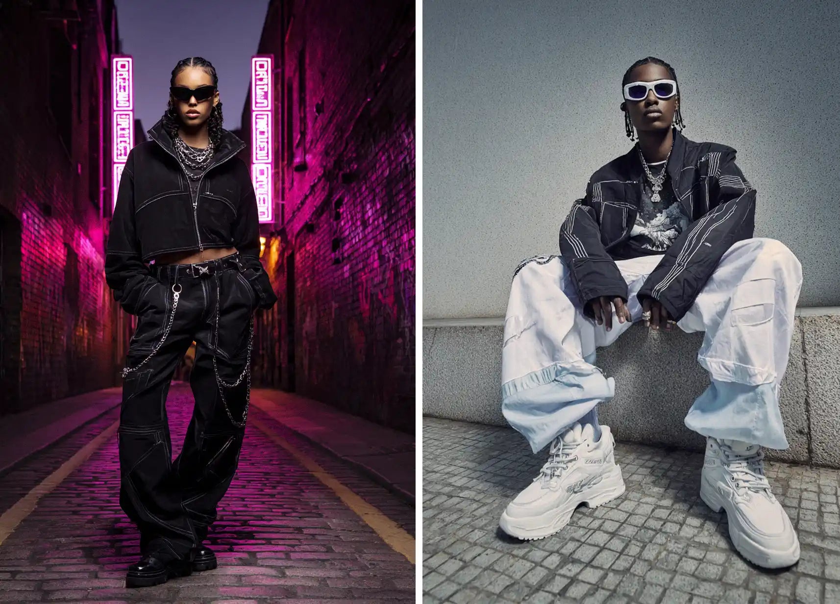 Y2K fashion: Two models in dark and light oversized, structured outfits with metallic accents and chunky sneakers.