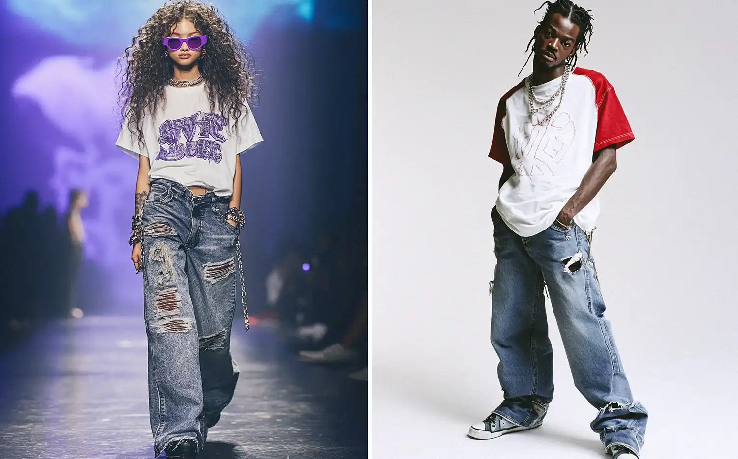 a girl in a runway and a black man wearing y2k clothes