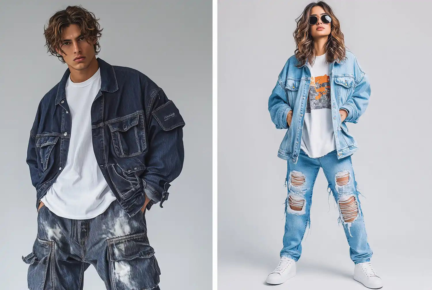 a man and a woman in y2k denim clothes