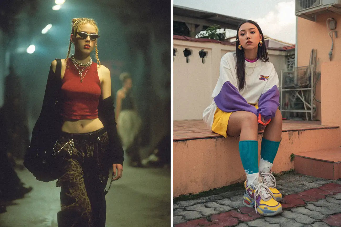A classic Y2K outfit with a woman in a red crop top, low-rise leopard print pants, and a shoulder bag. Next to her, a person showcases the vibrant Y2K aesthetic in a yellow and purple top with chunky, multicolored sneakers.