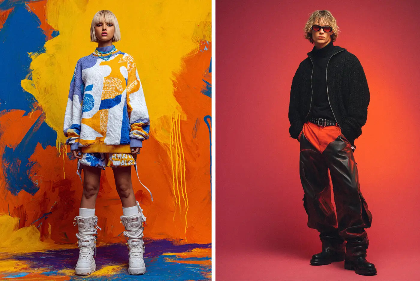 A person in an oversized, abstract-patterned sweater and matching shorts demonstrates a colorful Y2K fashion look, while the second image shows a modern Y2K outfit with a black turtleneck, red leather pants, and chunky boots.