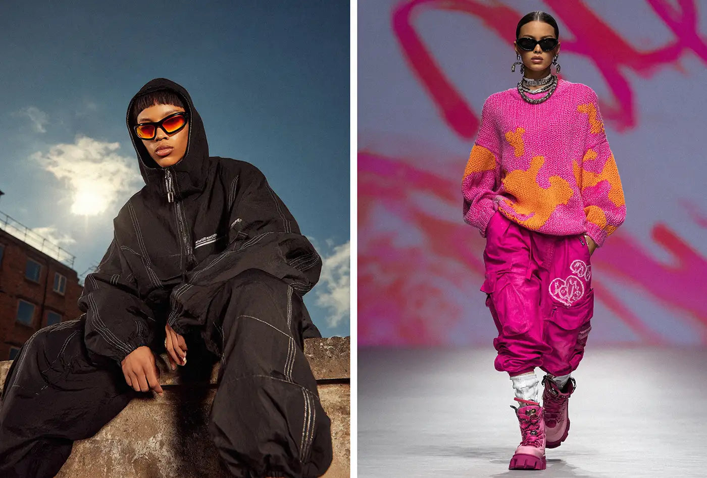 A person wears a sleek black hooded jumpsuit with visible white stitching, a perfect example of utilitarian Y2K fashion. The second image is a runway-style Y2K outfit featuring a model in a bright pink and orange patterned sweater with oversized pink cargo pants.