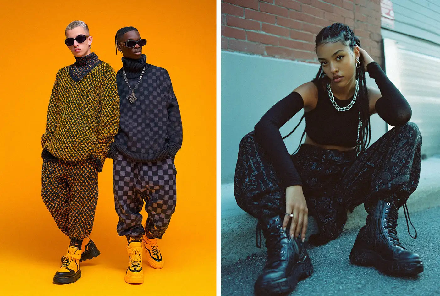 Two models perfectly capture the Y2K aesthetic in matching checkerboard knit outfits with bright yellow platform boots. On the right, a woman exemplifies a streetwear-focused Y2K outfit with a chain necklace and black cargo pants.