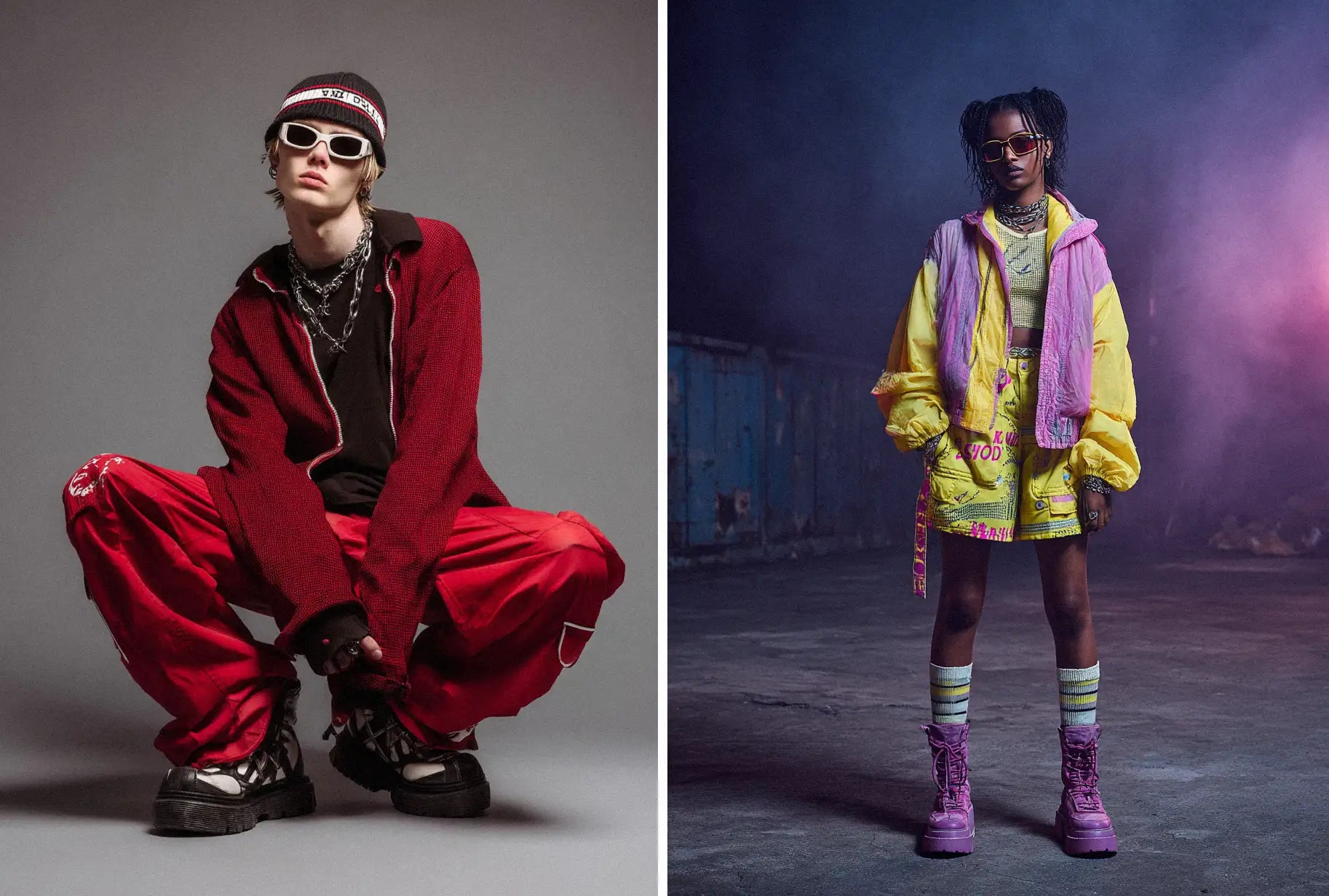 The image presents two striking examples of Y2K outfit style: a person in a red, monochrome look with a beanie and chains, and another in a vibrant, neon yellow and pink tracksuit with purple platform boots, a perfect representation of Y2K fashion.