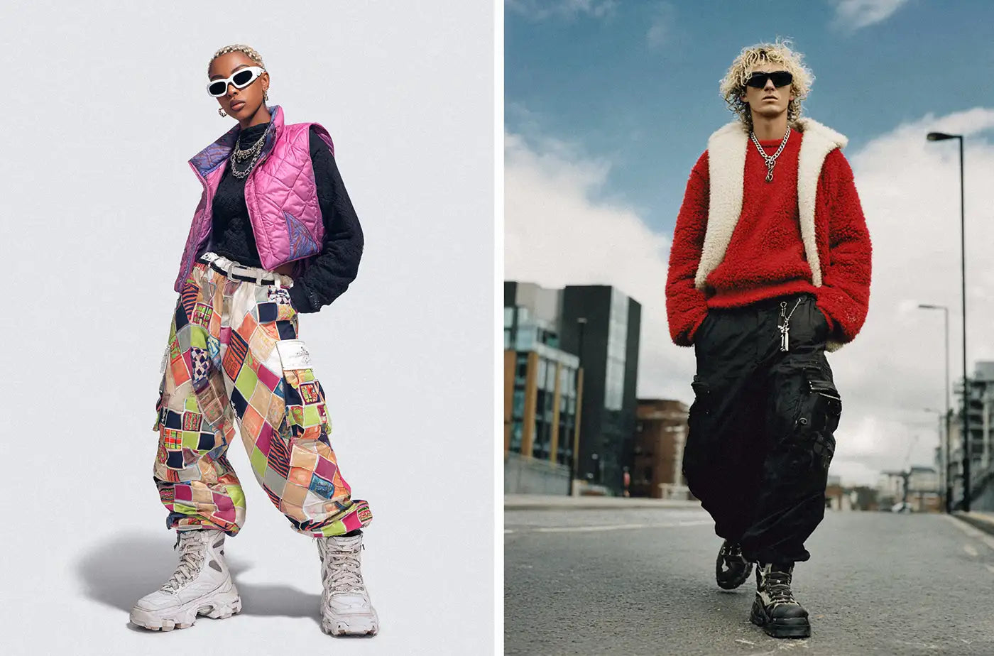 A bold display of Y2K fashion with a person wearing a pink quilted vest and patched, multicolored cargo pants. Next to them, another individual in a fluffy red sweater and baggy black cargo pants embodies a distinct Y2K outfit.